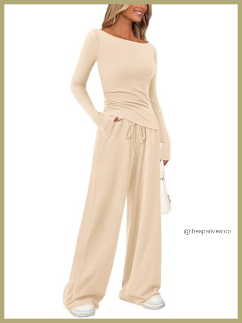 Women's 2 Piece Lounge Set Long Sleeve Ruched Top & Wide Leg Pants with Pockets